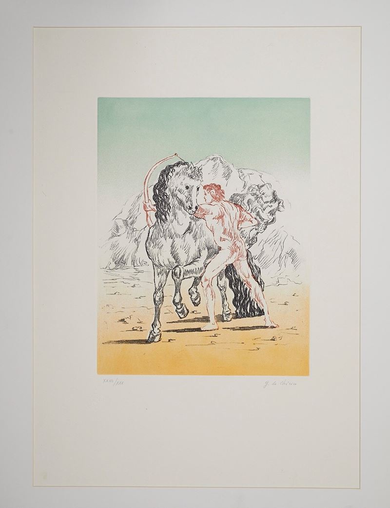 Giorgio De Chirico : “Arciere con cavallo”  - Incisione a vernice molle e acquatinta a 4 colori su carta - Asta ASTA 5 - ARTE MODERNA E CONTEMPORANEA - Fidelis Auctions