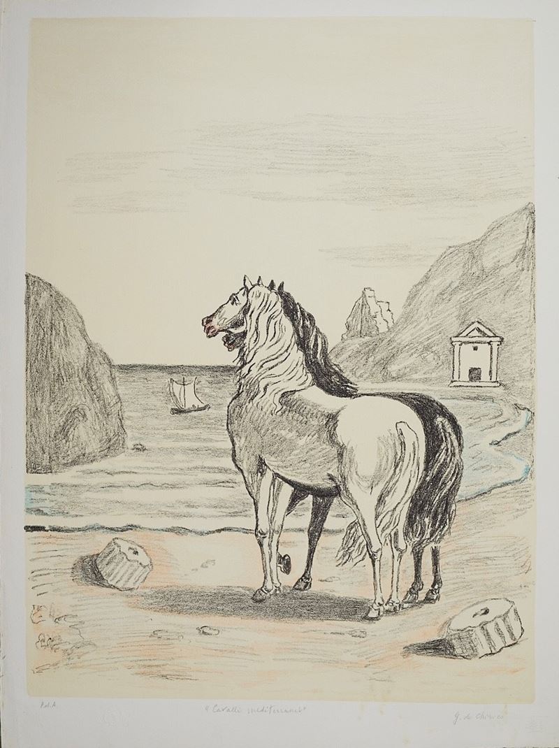 Giorgio De Chirico : “Cavalli mediterranei”  - Litografia a 4 colori su carta - Asta ASTA 5 - ARTE MODERNA E CONTEMPORANEA - Fidelis Auctions