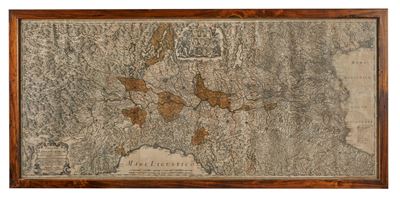 Longobardiam, mappa dei territori longobardi, incisione acquerellata a mano su carta