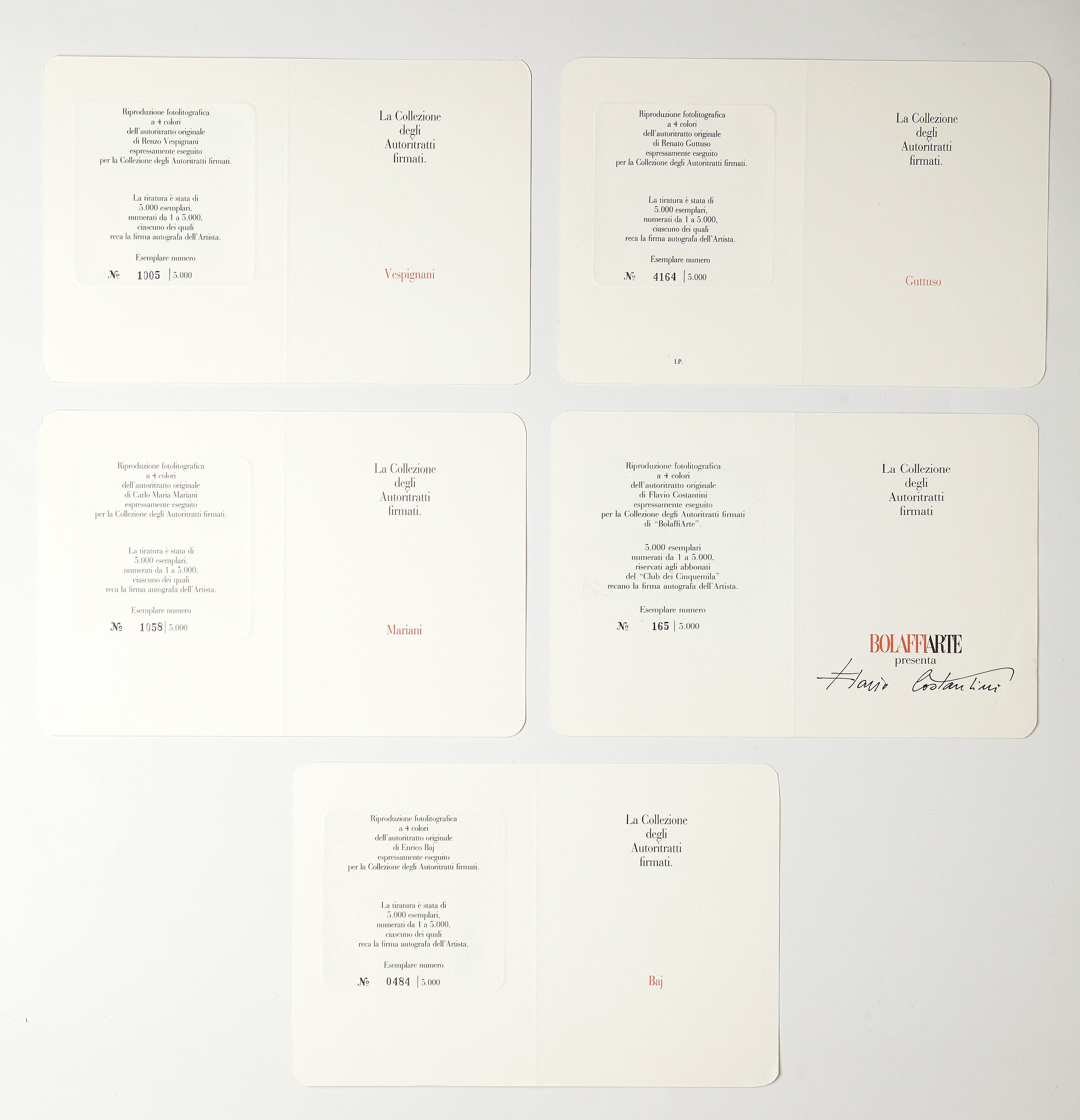 Vespignani / Costantini / Mariani / Baj / Guttuso, Serie di cartoline fotolitografiche a 4 colori...