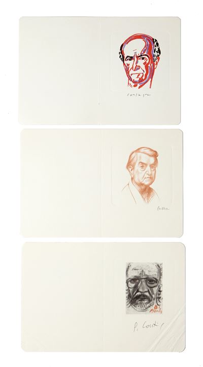 Primio Conti, Gregorio Sciltian, Pietro Consagra, Collezione di autoritratti firmati: tre cartoli...