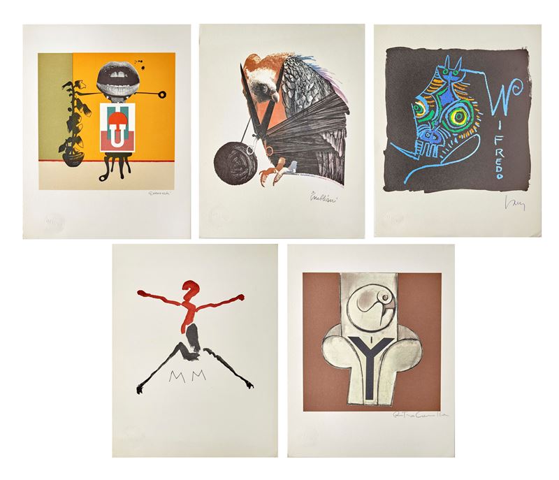 Lotto di 5 fotolitografie serie "L'alfabeto"  - Riproduzione fotolitografica a più colori offset - Asta Grafiche e Multipli d'Autore - Fidelis Auctions