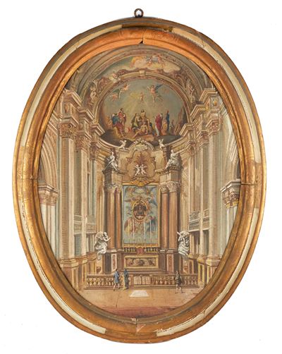 Maestro di fine XIX - inizi XX secolo, Interno di chiesa, olio su tela