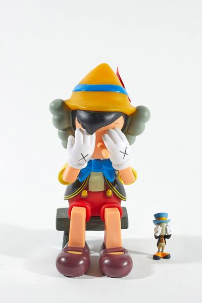 Pinocchio & Jiminy Cricket, scultura in vinile verniciato (2010)
