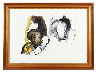 Studio di volti, litografia a colori su carta
