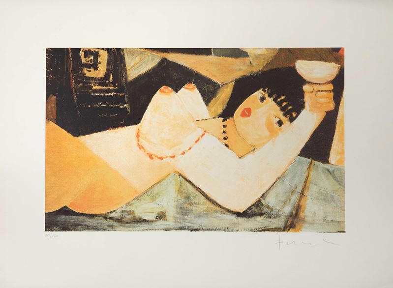 Salvatore Fiume : "Odalisca"  - Litografia a colori su carta - Asta Grafiche e Dipinti del XX secolo - Fidelis Auctions