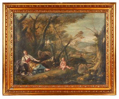Maestro del XVII secolo, Paesaggio con figure, olio su tela