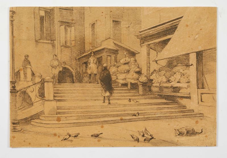 "Scorcio di vita urbana a Venezia"  - Matita su cartoncino - Asta Antiquariato, Dipinti Antichi e Arti Decorative con una Selezione di Arti d'Oriente e d'Africa - Fidelis Auctions