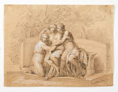 Maestro degli inizi del XIX secolo, Studio di un gruppo scultoreo su paesaggio, Matita su carta