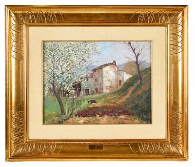 Casolare in primavera, olio su tavola