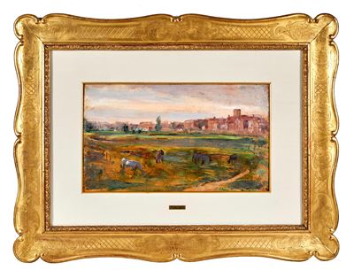 Paesaggio con cavalli, olio su cartone