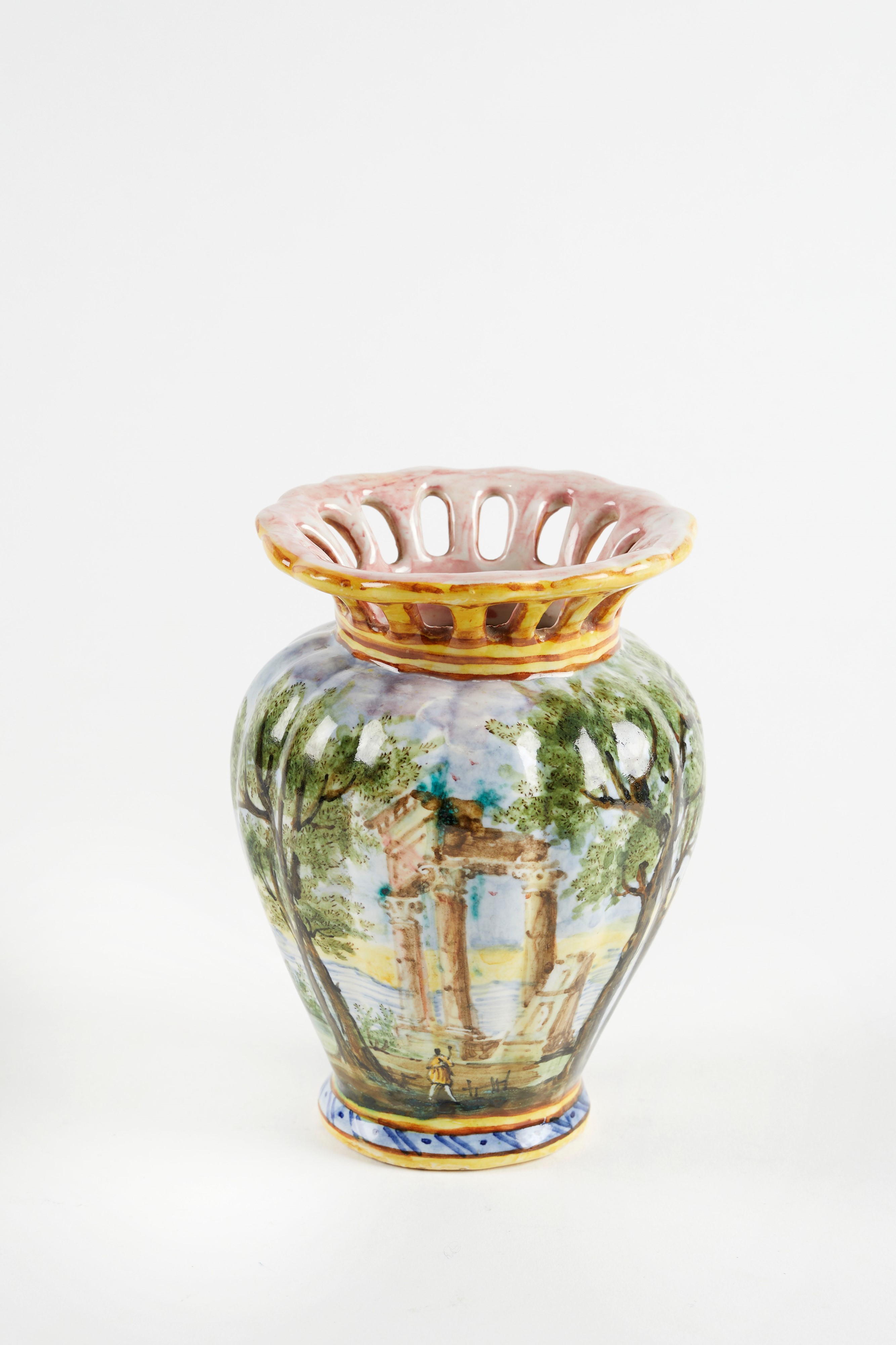 Angelo Minghetti - Vaso in ceramica policroma con collo a traforo