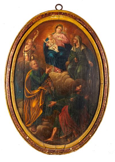 Maestro degli inizi del XVIII secolo, Madonna in trono con i Santi Pietro e Rocco, olio su tavola...