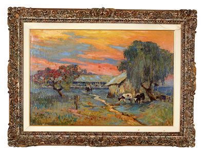 Paesaggio al tramonto, olio su tela