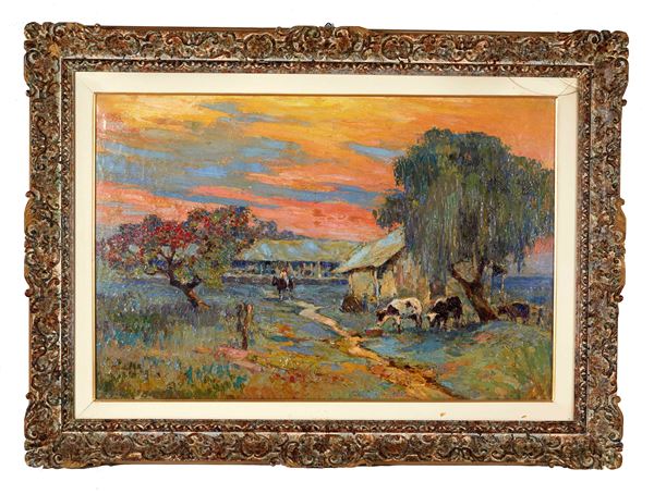 Marius Hubert-Robert - “Paesaggio al tramonto”