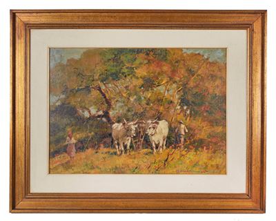 Buoi al pascolo, olio su tavola
