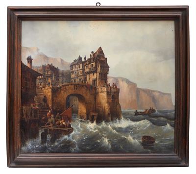Maestro del XIX secolo, Castello in riva al mare, olio su tela