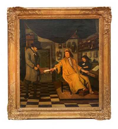 Maestro del XVII secolo, Notaio presenta la parcella, olio su tela