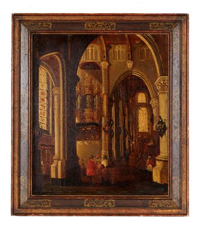 Maestro fiammingo del XVII secolo, Interno di chiesa - Olio su tavola