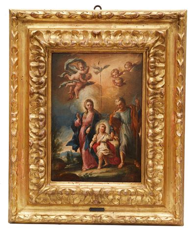 Sacra Famiglia con angeli in gloria, olio su tavola