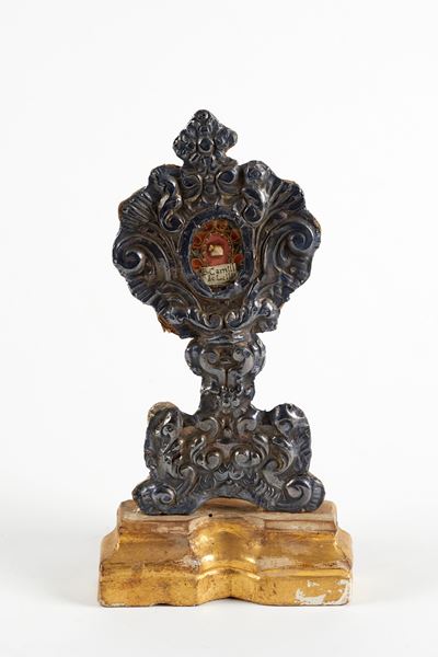 Reliquiario in legno e lamina d'argento, XVIII secolo con reliquia di San Camillo de Lellis