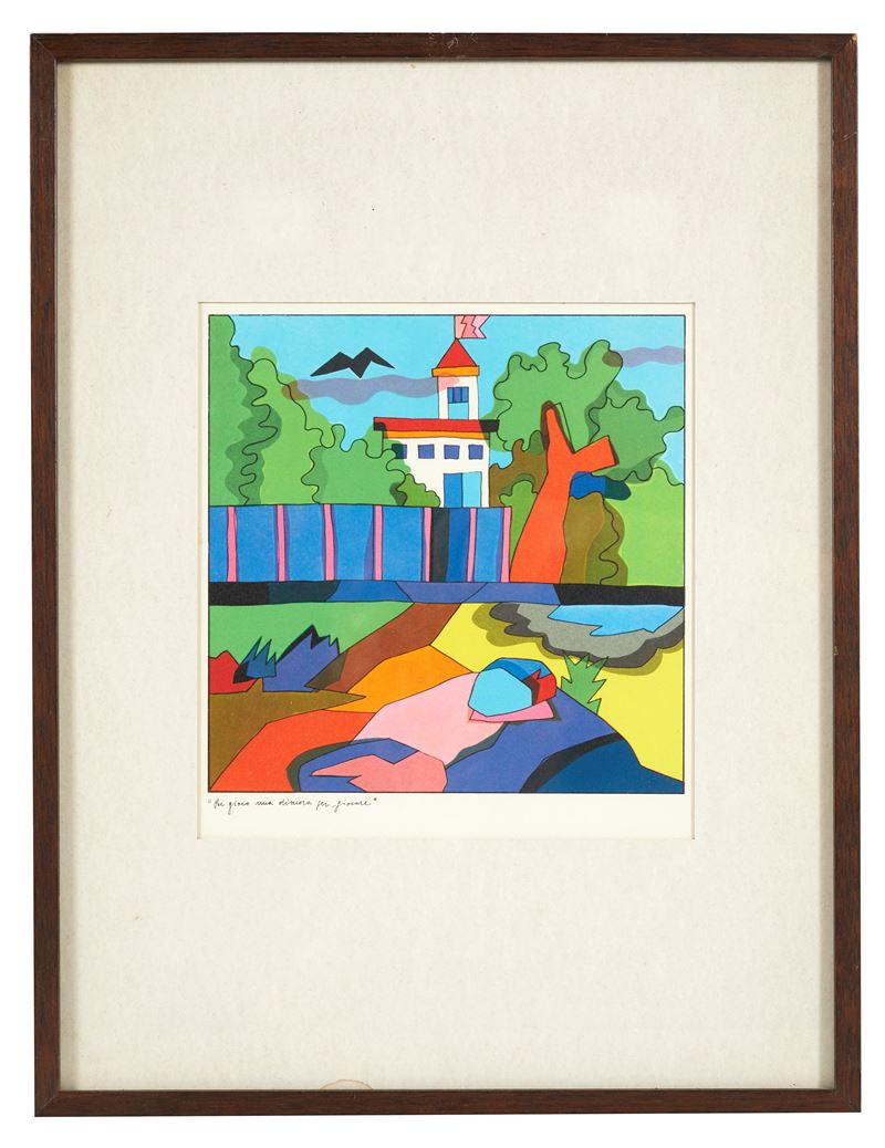 Ugo Nespolo : "Per gioco una dimora per giocare"  - Fotolitografia a colori su carta - Asta Grafiche e Multipli d'Autore - Fidelis Auctions