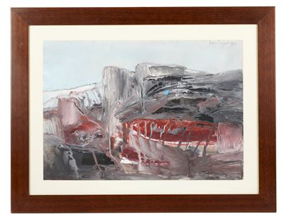 Paesaggio portuale della riviera adriatica (1974), tempera su cartoncino