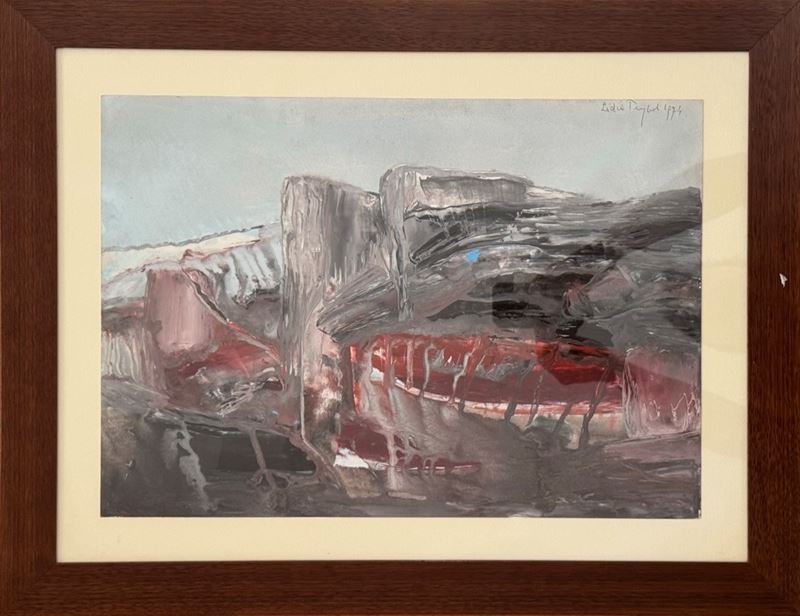 Lidia Puglioli : "Un paesaggio portuale della riviera adriatica"  (1974)  - Tempera su cartoncino - Asta Grafiche e Multipli d'Autore - Fidelis Auctions