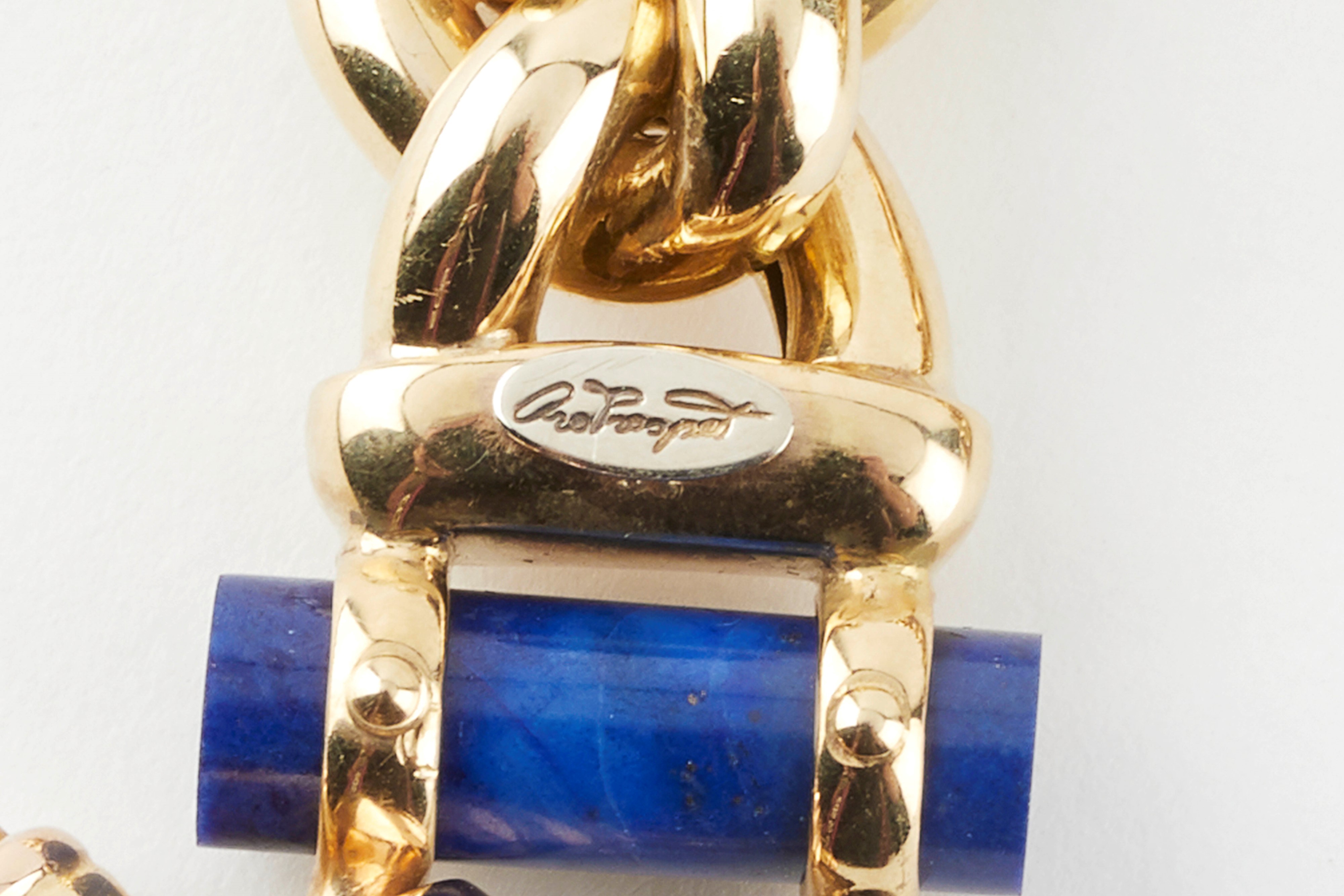 Bracciale a maglie intrecciate in oro giallo 18K con inserti decorativi in lapislazzuli