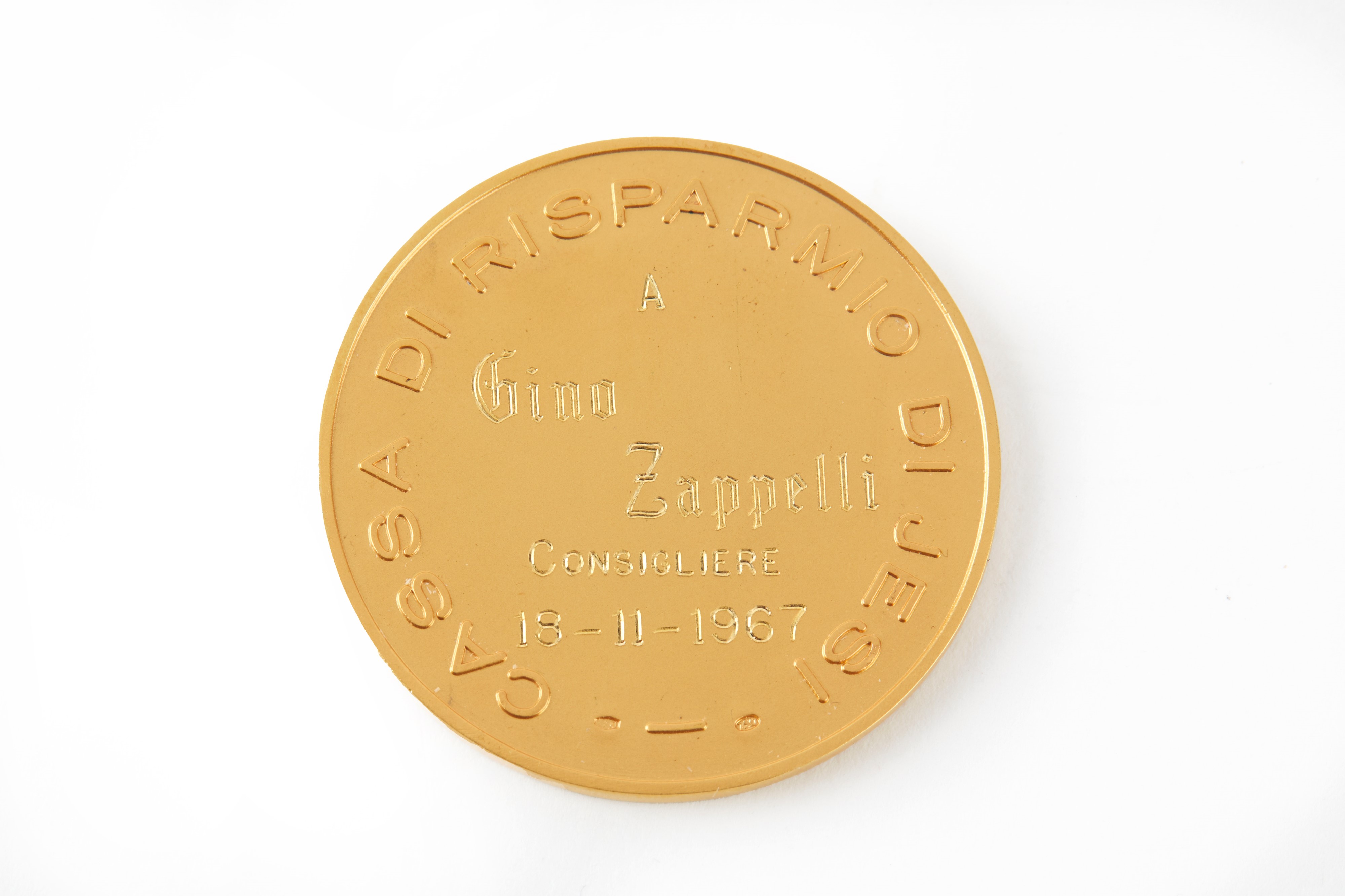 Medaglia in oro giallo 18K, incisione “Cassa di Risparmio di Jesi”